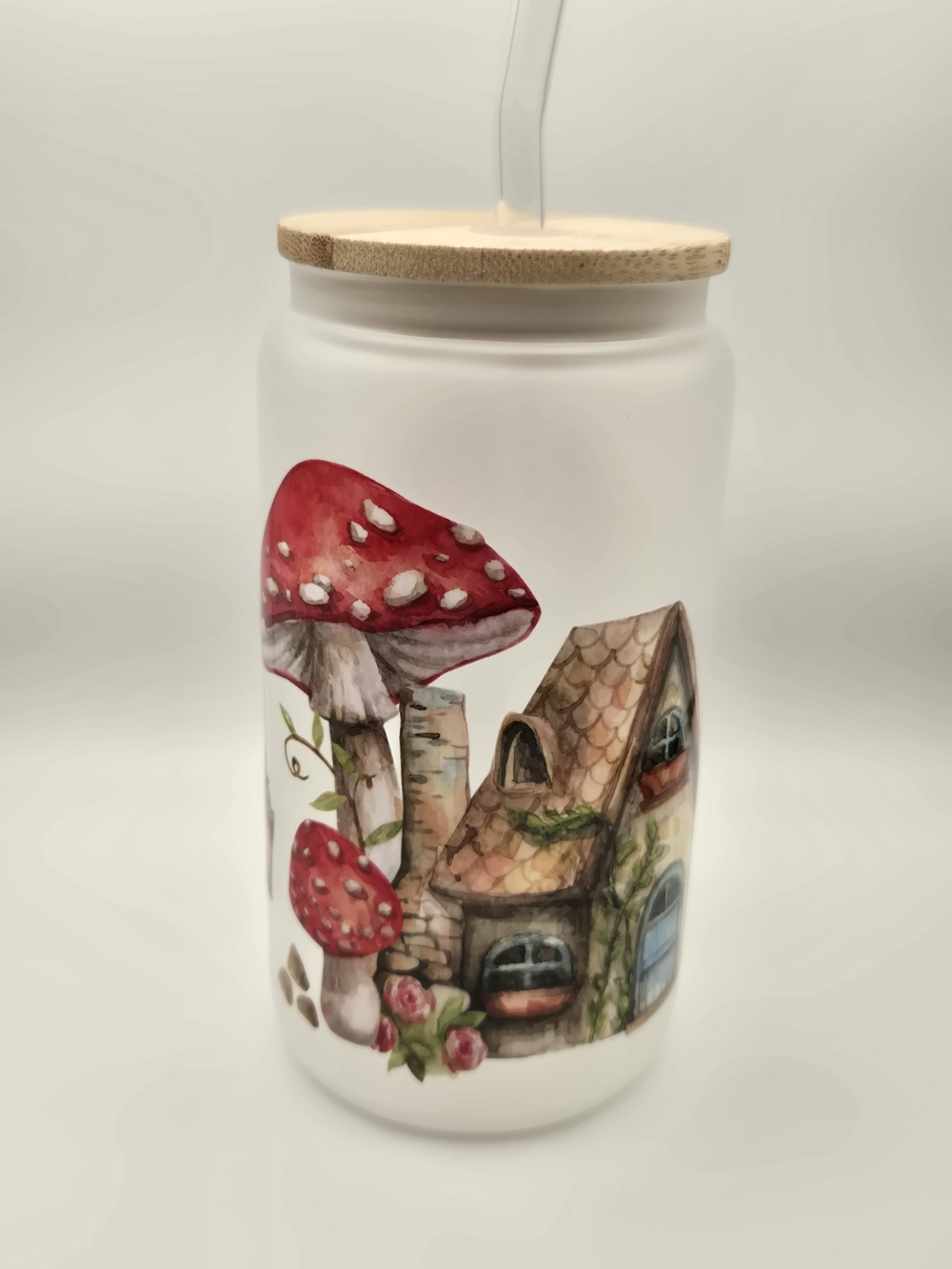 Frosted Glass Tumbler with Red Mushroom Cottage Design and Bamboo Lid